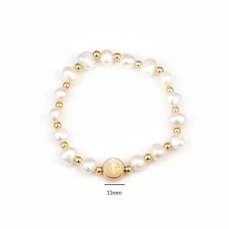 Stainless Steel San Benito Bracelets For Women Gold Color Metal St Benedict Bracelet Natural Pearl Bracelet Femme