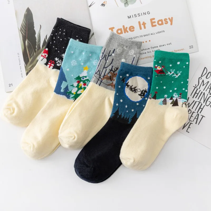 Damen mittellange Socken Weihnachten Baumwoll socke weiß unten Schneemann Elch Damenmode lustige Paar Socken