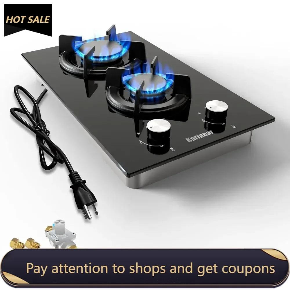 

Gas Cooktop 2 Burner Propane Cooktop, 12 Inch LPG/NG Dual Fuel Gas Stove Top, Built-in Tempered Glass Gas Cooktop for Apartment