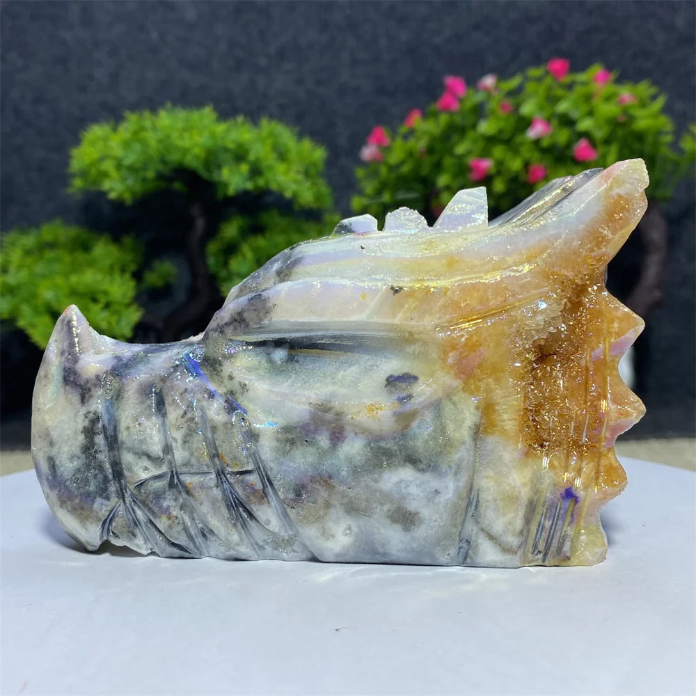 Natural Crystal Sphalerite Electroplate Quartz Dragon Head Skull Figurine Mineral Specimen Hand Engraving Room Decoration Gift