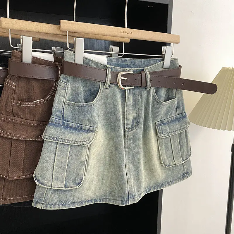 Summer A-Line Denim Skirt For Women Retro High Waist Multi Pocket Mini Skirts Korean Style Casual Anti Exposure Short Skirt