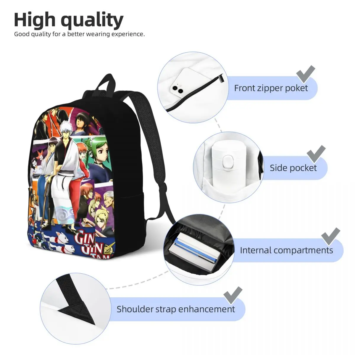 Gintokis witzige Abenteuer cooler Rucksack mit Tasche High School Gintama Daypack für Männer Frauen Laptop Computer Segeltuch taschen