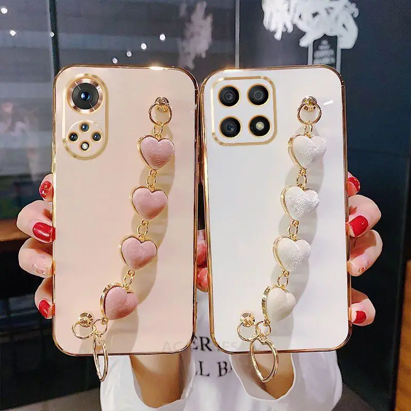 Love Heart Wrist Chain Silicone Case For Huawei Honor X8 X8a 4g 5g X6 X6s X7 X7a 50 Pro 70 90 Lite Luxury Plating Cover