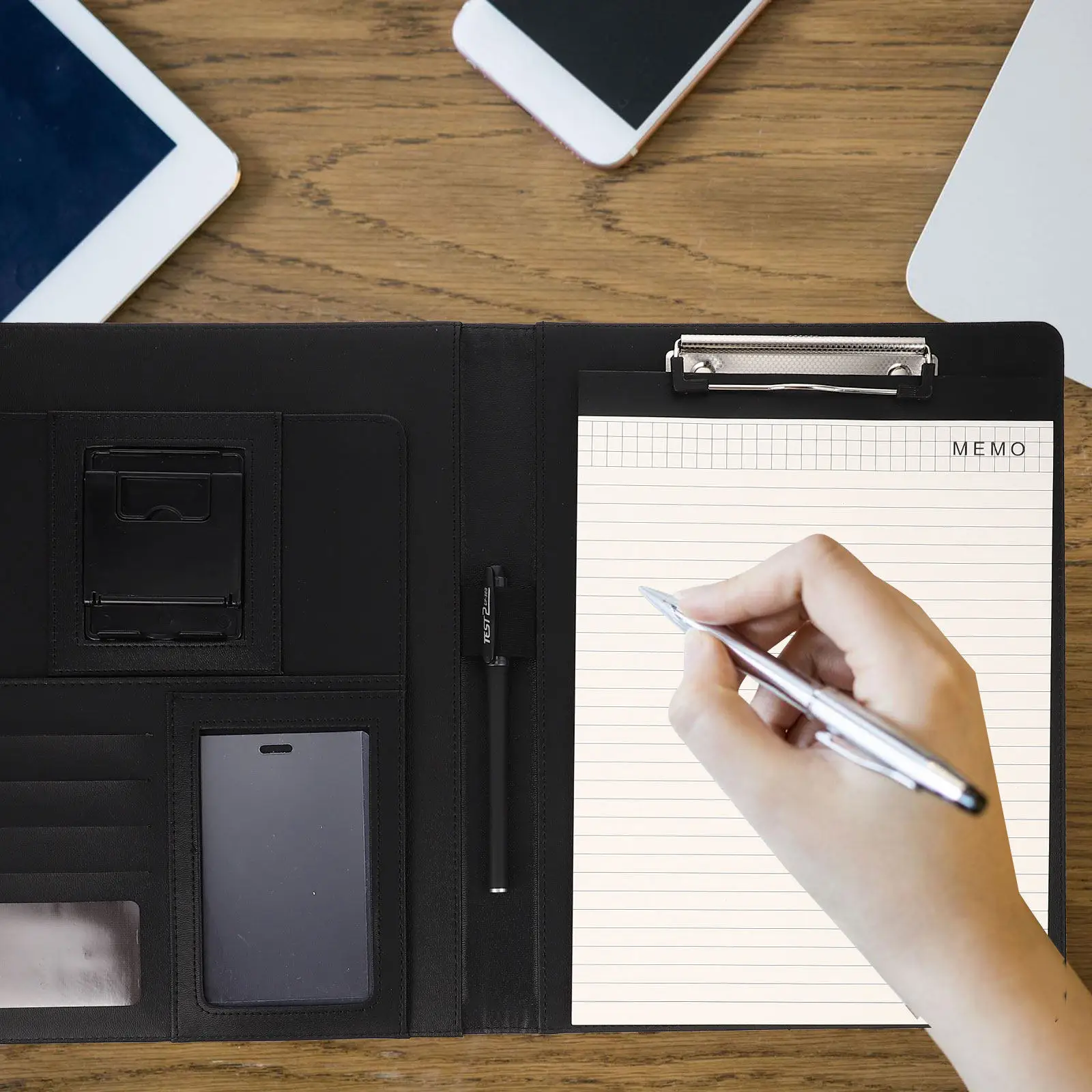 pu-a4-size-file-folder-multifunctional-organizer-with-built-in-phone-stand-for-office-supply-document