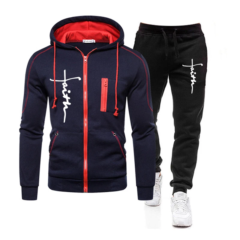 Men\'s Clothing 2 Piece Set Casual Zipper Jacket+Jogging Pants Suit Outdoors Tracksuit Autumn Winter Hooded Sweatshirts Outfits