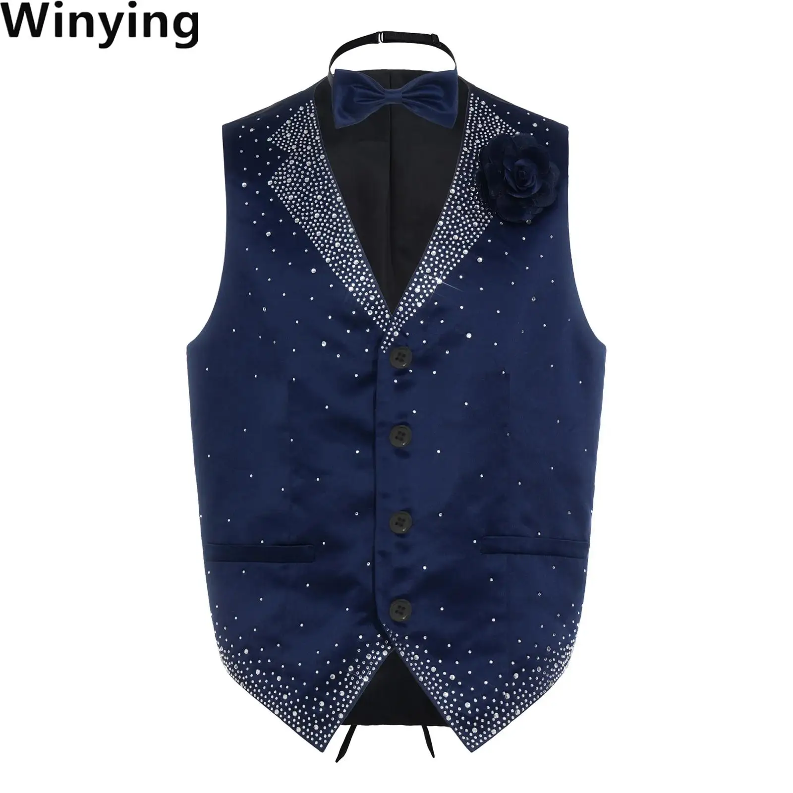 

Men Rhinestones Jazz Tango Gentleman Waistcoat Dancewear Sleeveless Bowtie Formal Vest with Flower Brooch for Cocktails Wedding