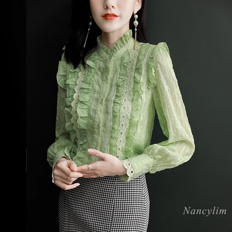 

Fungus Edge Fashion Chiffon Shirt, Green Lace Blouse, 2025 Spring New Temperament Stand-up Neck French Bottoming Shirts, Blusas