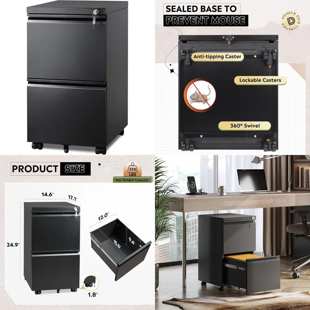 خزانة ملفات معدنية مع درجين، مجمعة بالكامل، تحت المكتب، أسود، قابل للقفل، متوافقة مع الحروف والقانونية، وملفات A4