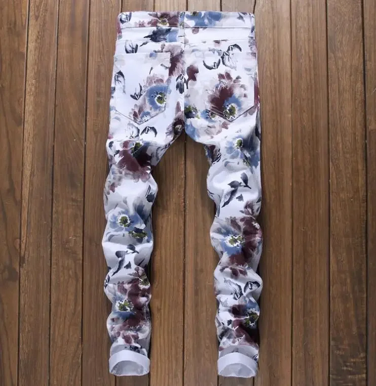 3D Floral Pattern printing Men's Jeans Stretch Skinny Flower Painted Denim Pants Slim Trousers Size 29-38 #5009