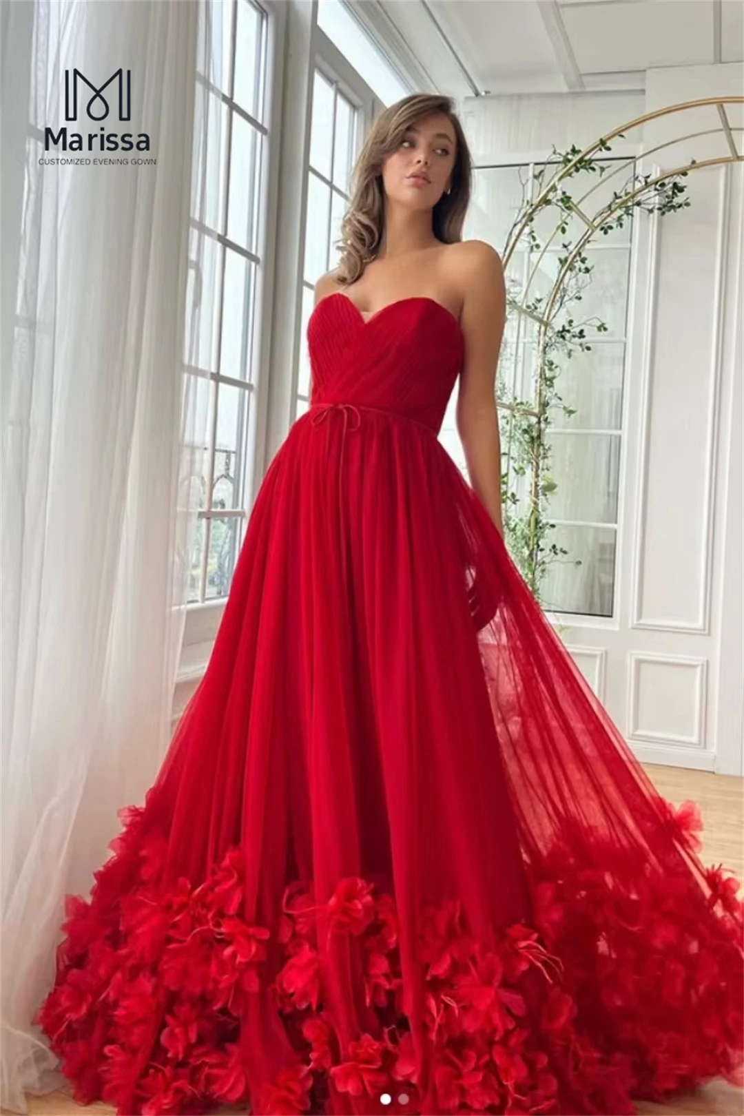 マリッサ A ラインチュールボールガウンイブニングドレス D/パーティー 3D 花レッドカスタムメイドオフショルダー女性のイブニングドレス女性プロム
