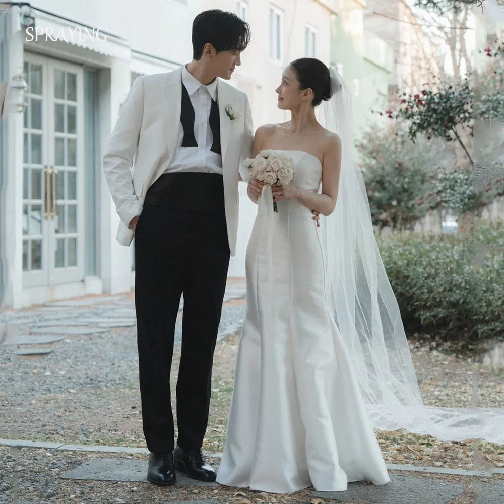 

SPRAYING Elegant Ivory Satin Wedding Dress Korea Photo Shoot Strapless Mermaid Long Bridal Gowns Corset Customized 웨딩드레스