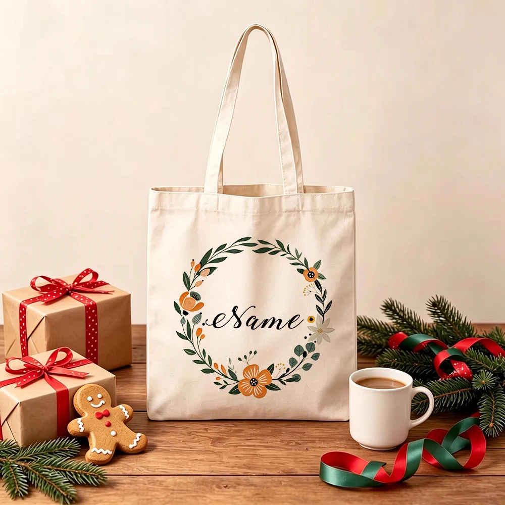 Personalized Floral Wreath Canvas Tote Bags Custom Names Orange Flower Botanicals Grocery Shopping Bags Reusable for Women Gifts 5
