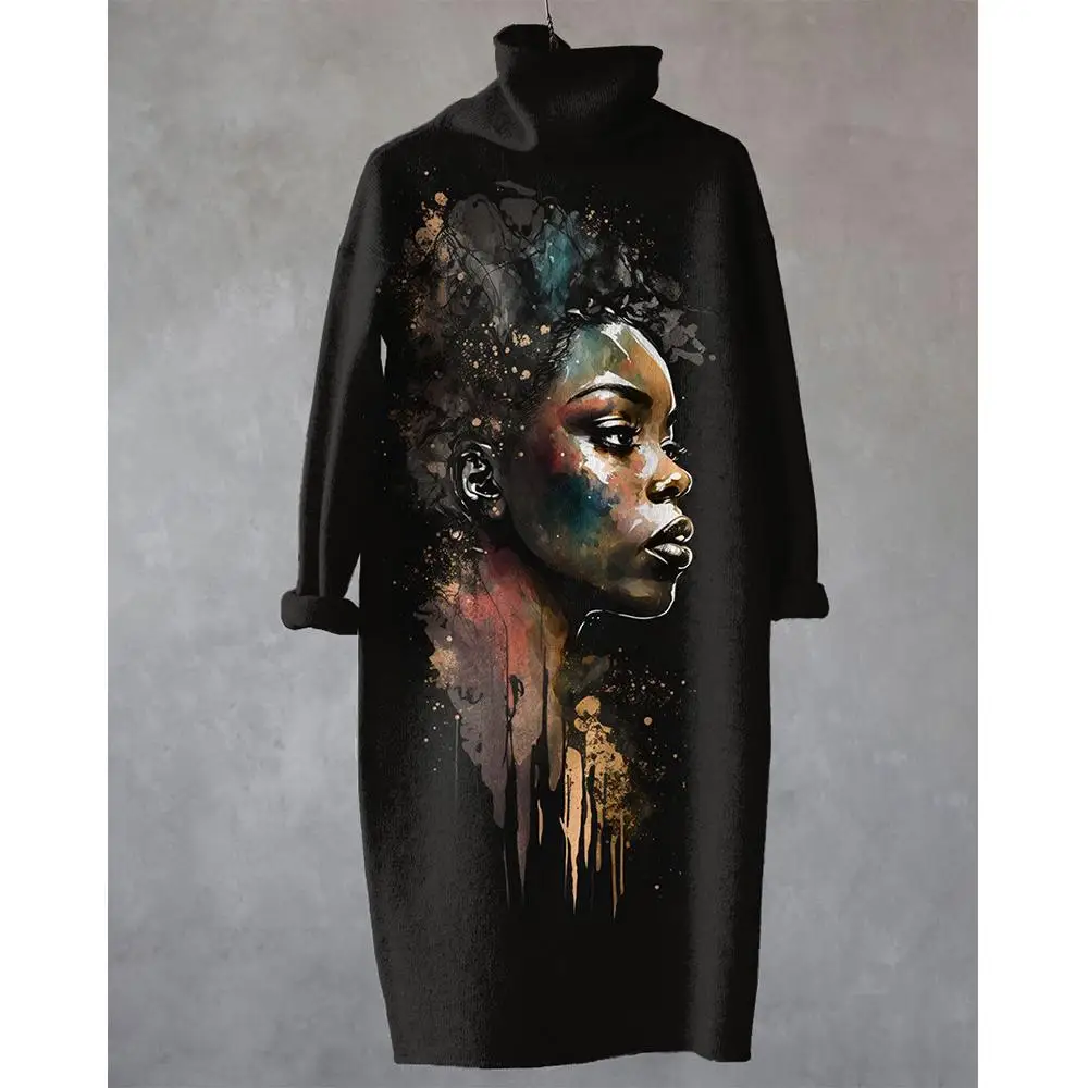 فستان نسائي مطبوع فني أفريقي برقبة عالية وأكمام طويلة فستان ميدي فضفاض أنيق وغير رسمي للحفلات/العطلات #6