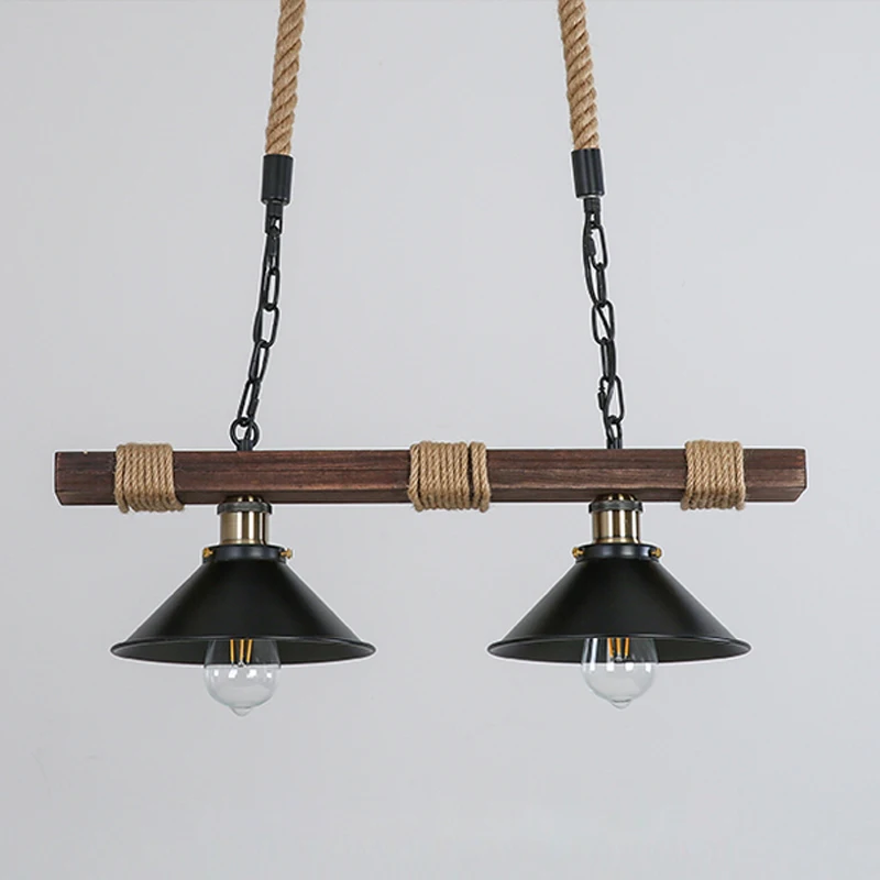 3 Heads Retro Long Solid Wood Chandeliers Industrial Style Hemp Rope Nostalgic Restaurant Lights Kitchen Cafe Bar Pendant Lamp