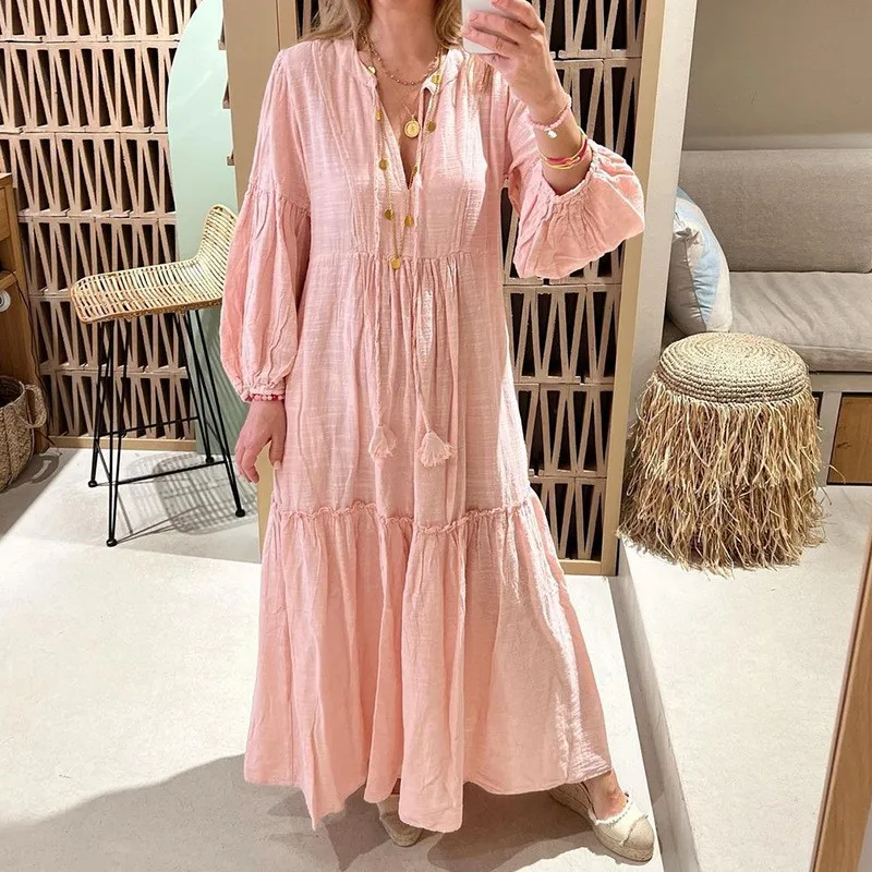 Cotton Blend Lantern Sleeve Loose Pink Fall Women Dress Fashion Oversized Round Neck Long Dress Solid Color Bohemian Vestidos