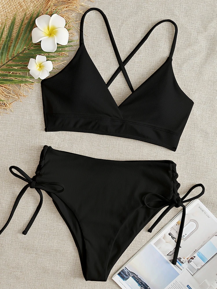 Bikini Women Swimsuit 2024 New Solid Black High Waist Bikinis Set Lace Up Bathing Suit Swimwear Summer Brazilian Beach Two Piece