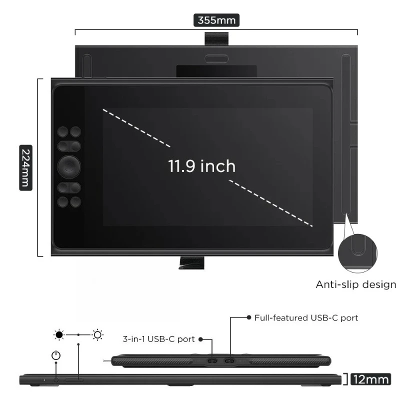 UE12 Plus 147% sRGB 11.9 inch Drawing Tablet Monitor Scroll Wheel 8 Shortcut Keys Art Tablet with for PC mac Android