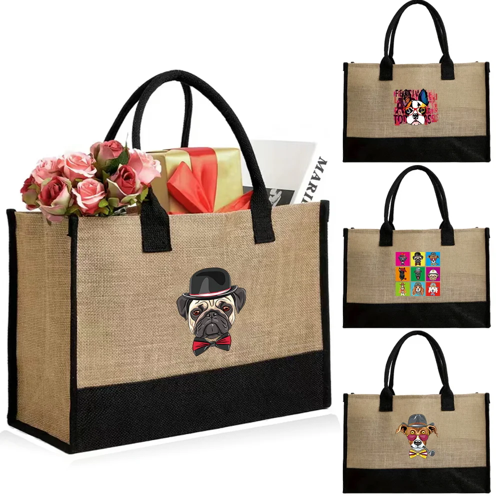 

Shopping Handbags Yellow Jute Fabric Shopper Bags for Women Eco Reusable Clutter Storage Bag 2024 Original Cute Dog Printing