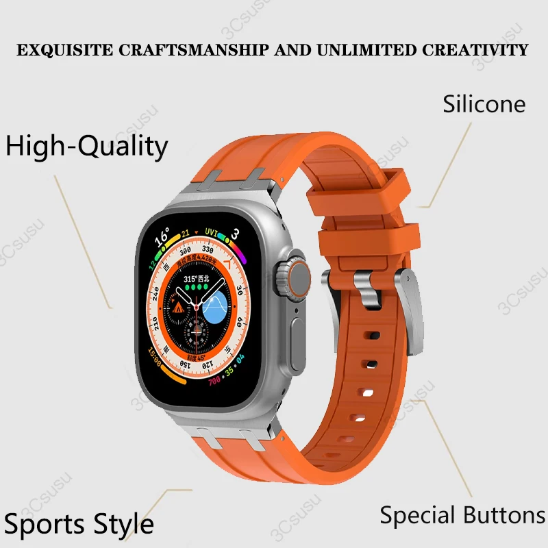 Titanium Color Metal Head Silicone Band for Apple Watch Ultra 2 49mm 45/44/42mm Rubber Strap for Iwatch Series 9 8 7 6 5 4 Se 3