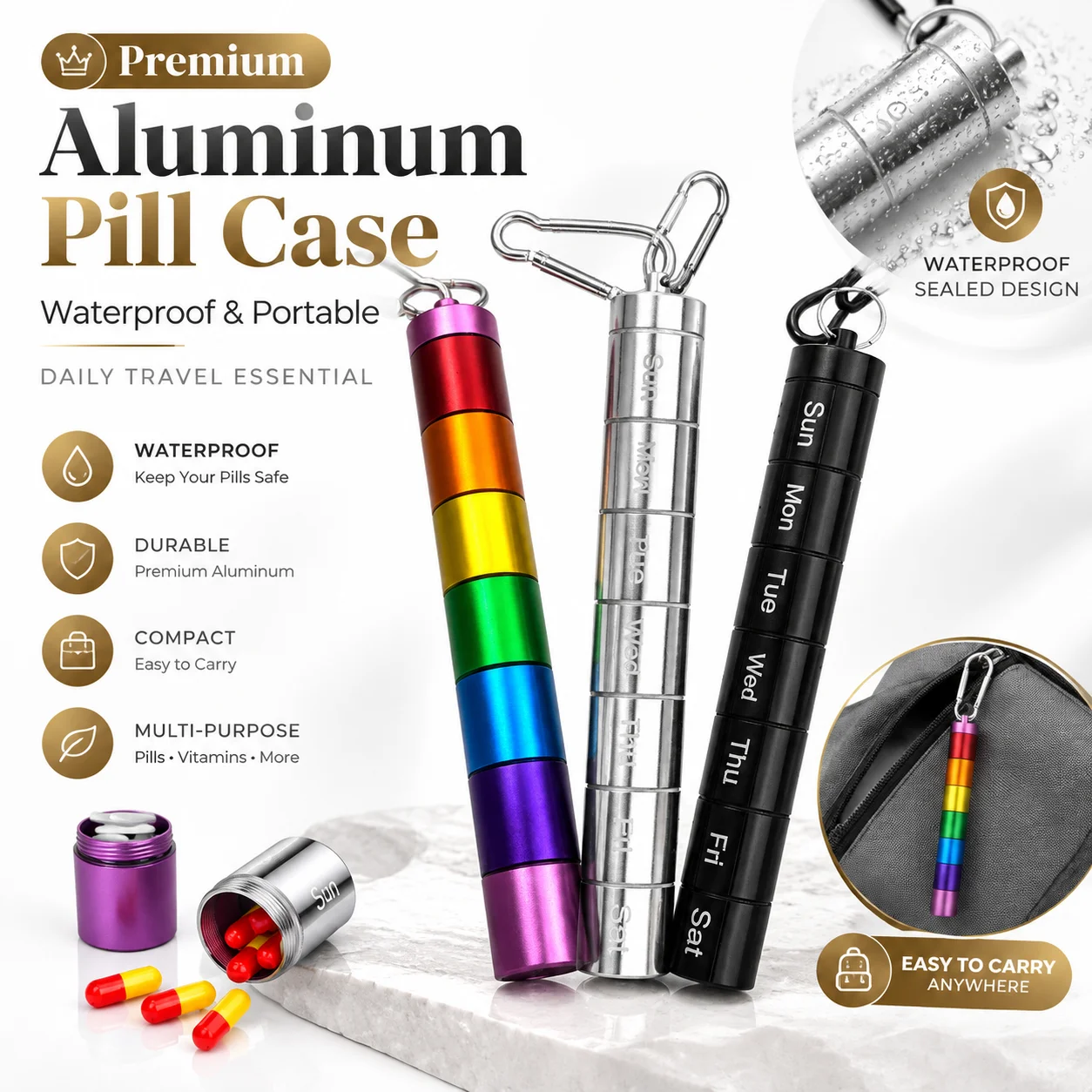 Portable Aluminum Alloy Pill Organizer Sealed Metal Medicine Box Colorful 7 Day Detachable Moisture Proof Pill Storage Bottle