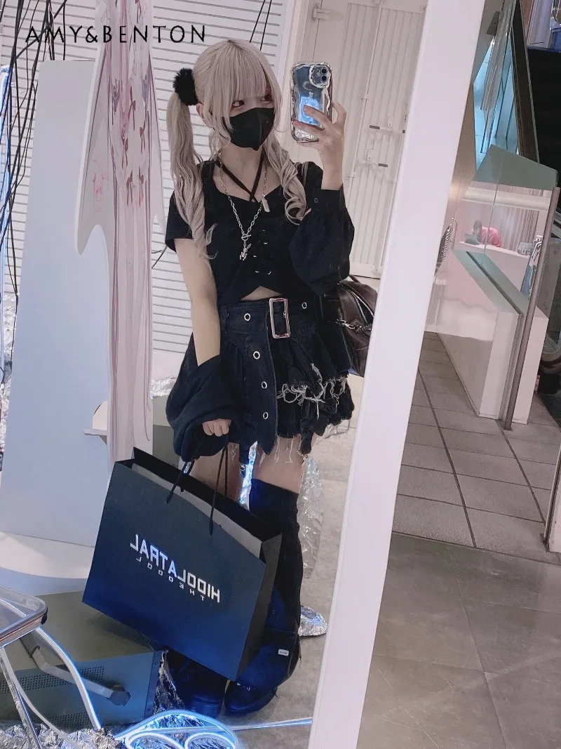 Subculture Mass-Produced Gothic High-Waisted Denim Puff Skirt Japanese Mine Series Gothic Belt Slim Fit Multi-Layer Mini Skirt