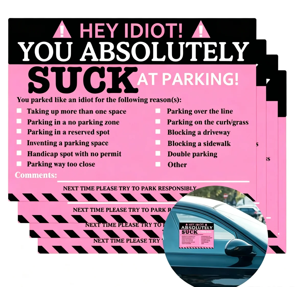50 Pcs Idiot You Suck at Parking Business Sticker 7.5X5.5 Inch Parking Idiot Warning Stickers Parking Violation Funny Sticker