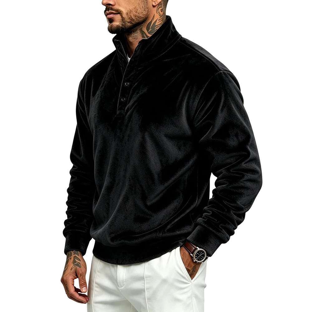 Men\'s Casual Stand Collar Pullover Featuring Double-Layer Fleece Long Sleeve Design and Regular Seasonal Layering Needs