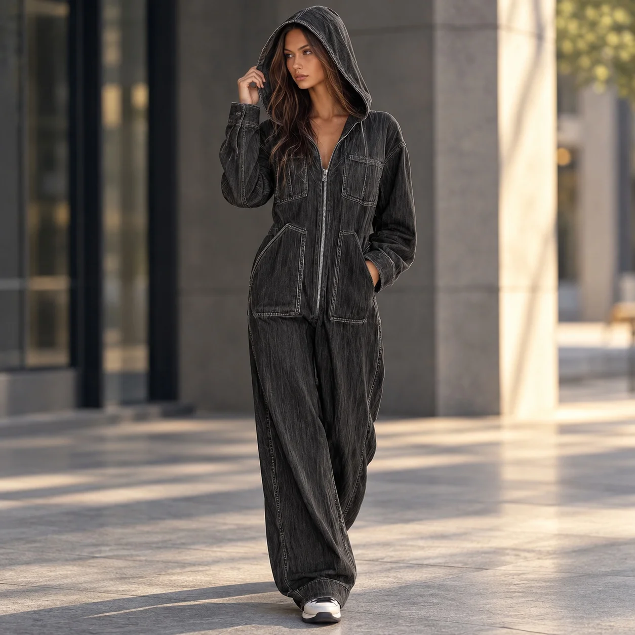 Pockets No Stretch Jeans Straight Leg British Style Women Jumpsuit with Long Sleeves Full Length Regular Sleeve Loose Waist