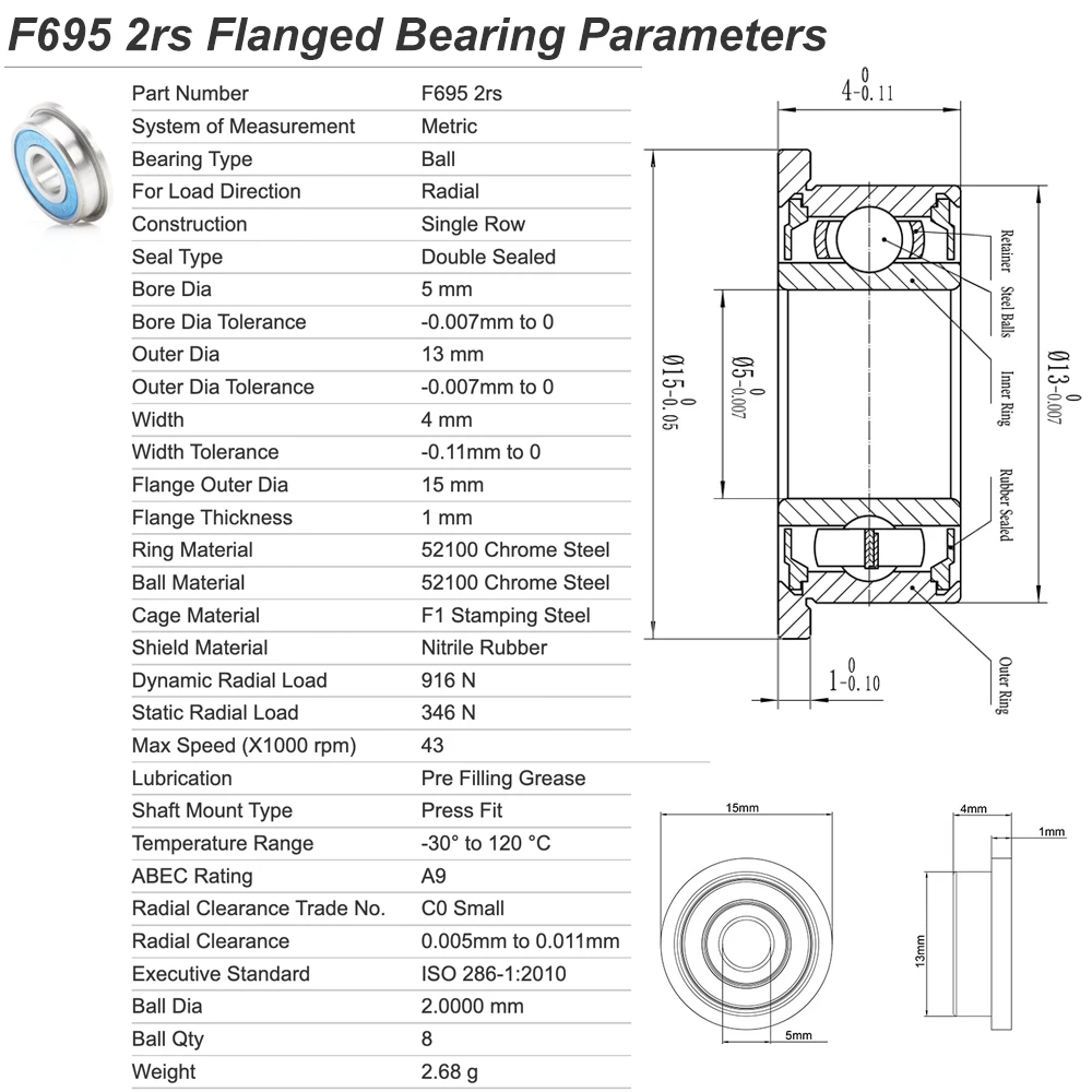 F695 2rs Flanged Bearing 5x13x4 mm, Blue Sealed Precision A9 3D Printer F695rs Bearings for VORON Belted RC, Pack of 20 Pcs