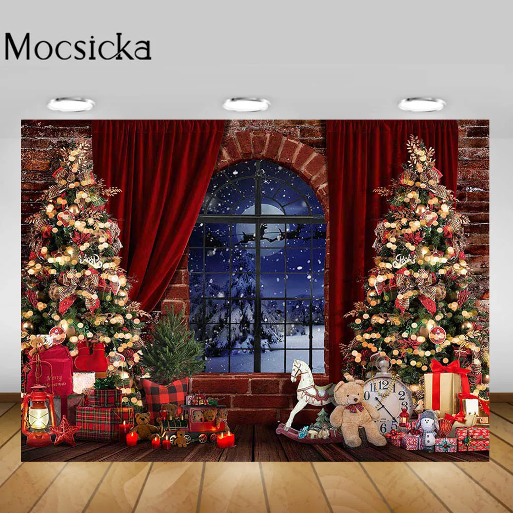 

Mocsicka Christmas Backdrop Wooden Floor Brick Wall Window Xmas Tree Gifts Photo Background Baby Portrait Photocall Studio Props