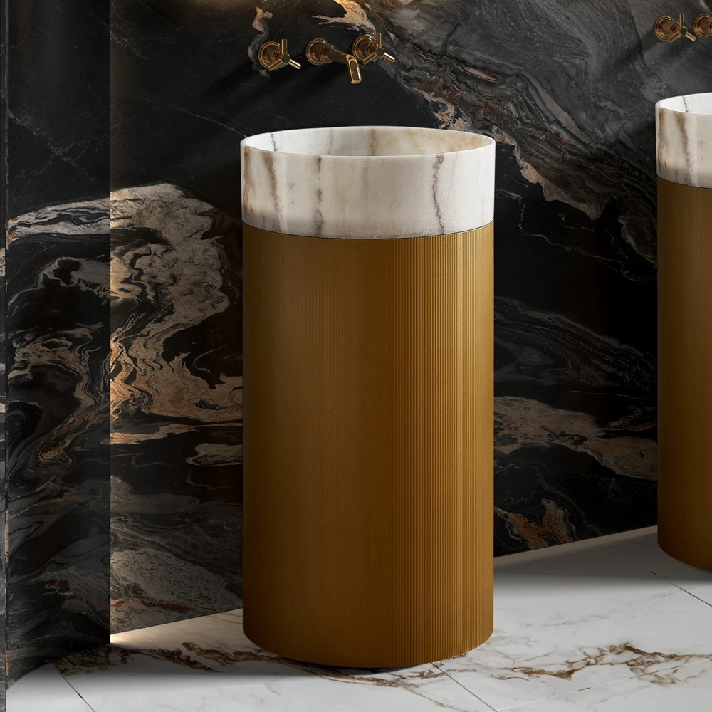 New Arrival Free Standing Art Basin Designed White Marble Stone Wash Basin Gold Stainless Steel Pedestal Sink For Hotel Bathroom