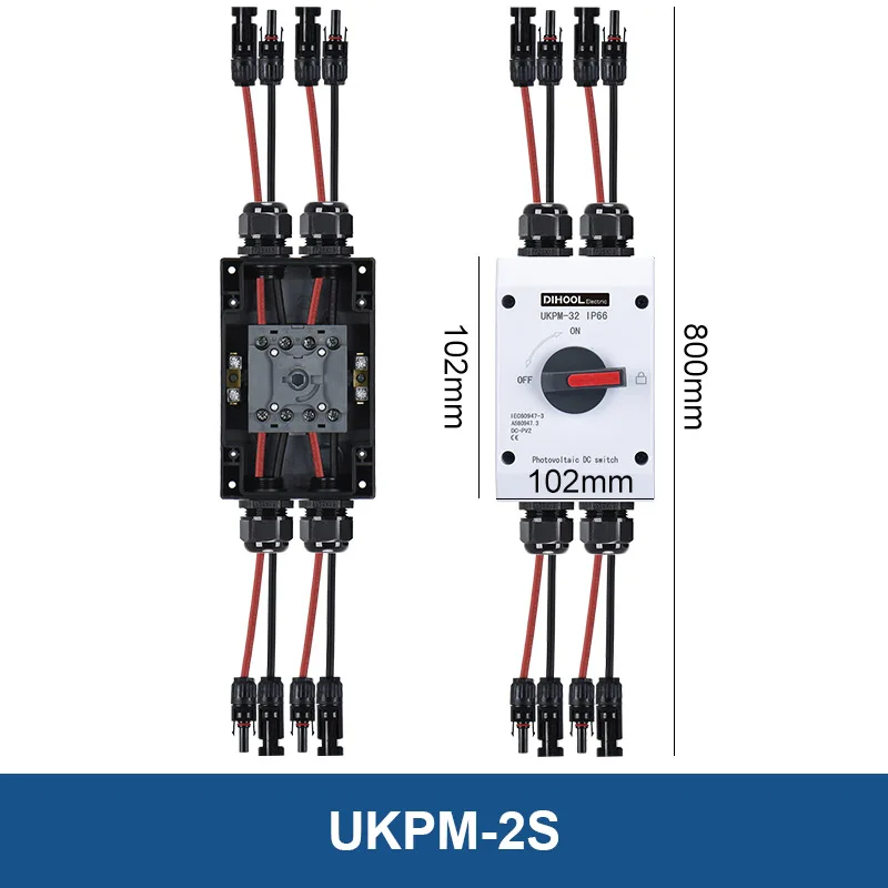 Solar PV Photovoltaic DC Isolation Switch 1A-32A DC1000V 1200V 2 Strings 2 Out Waterproof Disconnect ON OFF Switch IP66