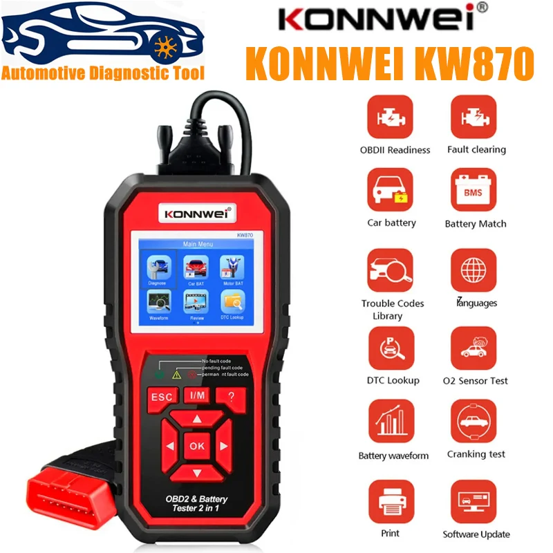 

KONNWEI KW870 6V 12V Car Motorcycle Battery Tester OBD2 Diagnostics Tool Scanner 2 in1 Cranking Charging Test Tools