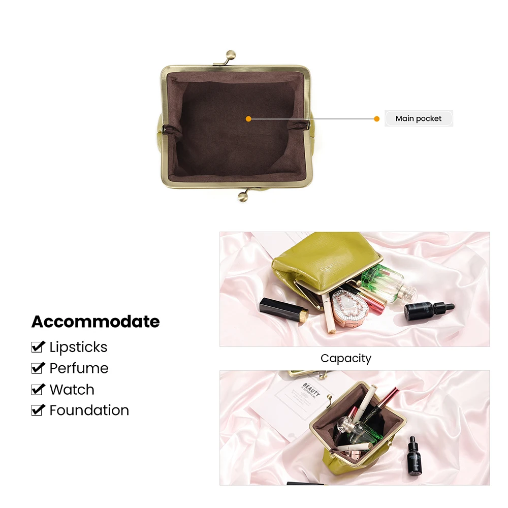 JOGUJOS Genuine Cowhide Leather Cosmetic Bag Fashion Ladies Elegant Clutch Bag Portable Small Bag Lipstick Makeup Bag for Women