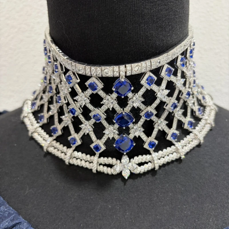 Bellux 925 silver synthetic zircon heavy craft choker hollow out design blue and white gemstone luxury charm jewelry necklace