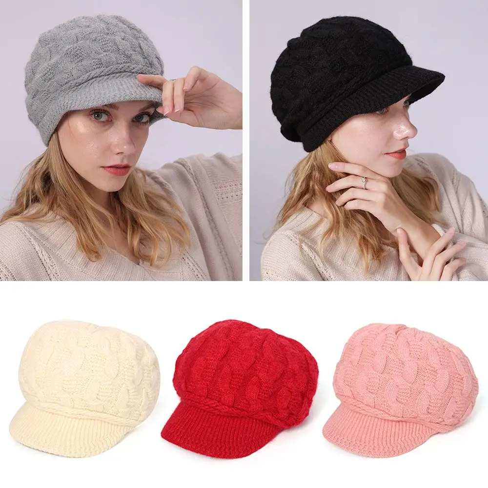 Women Beret Hat Knitted Rabbit Hair Winter Beanie Cap Thicken Warm Casual Peaked Hat