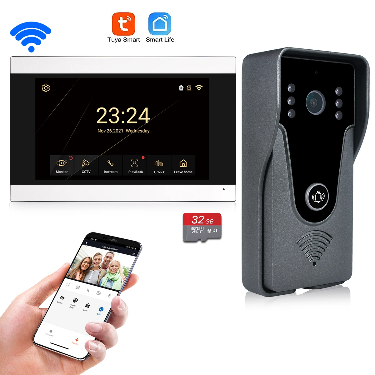 Wireless WiFi Video Intercom System 1080P Smart Video Doorbell for Home Touch Screen with 32G Card 2 Way Audio TUYA APP Unlock