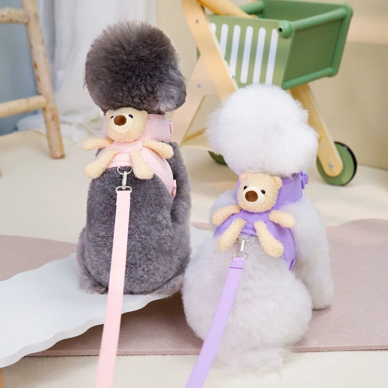 Dog Cute Bear Backpack with Towing Rope Vest Style Small Medium Sized Dog Walking Rope Puppy Chest Strap Teddy Cat Dog Chain