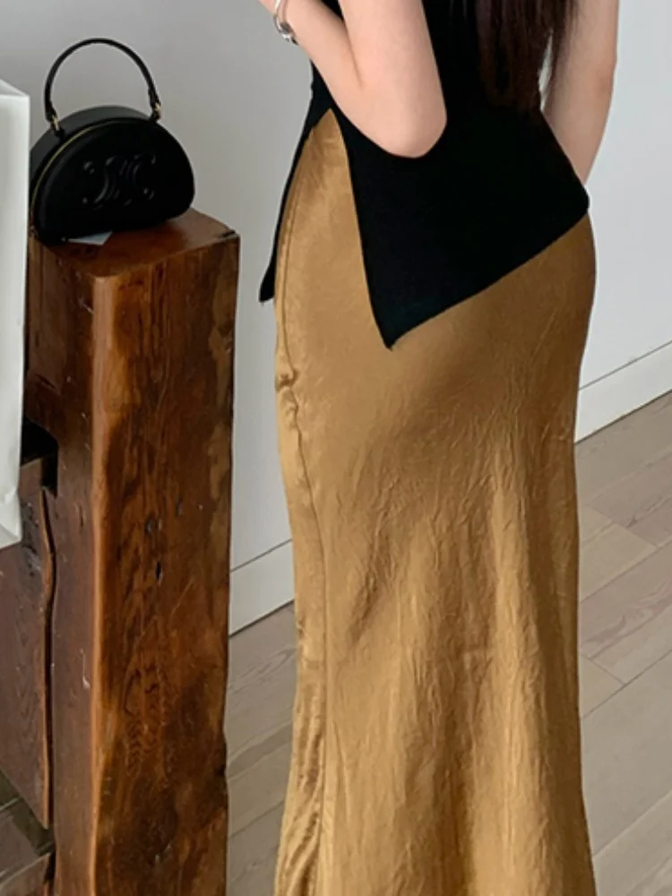 SMTHMA 용수철 여성 하이웨이스트 슬리밍 스플릿 롱 스커트, 식초 새틴 솔리드 스커트, 캐주얼, 여름 신상