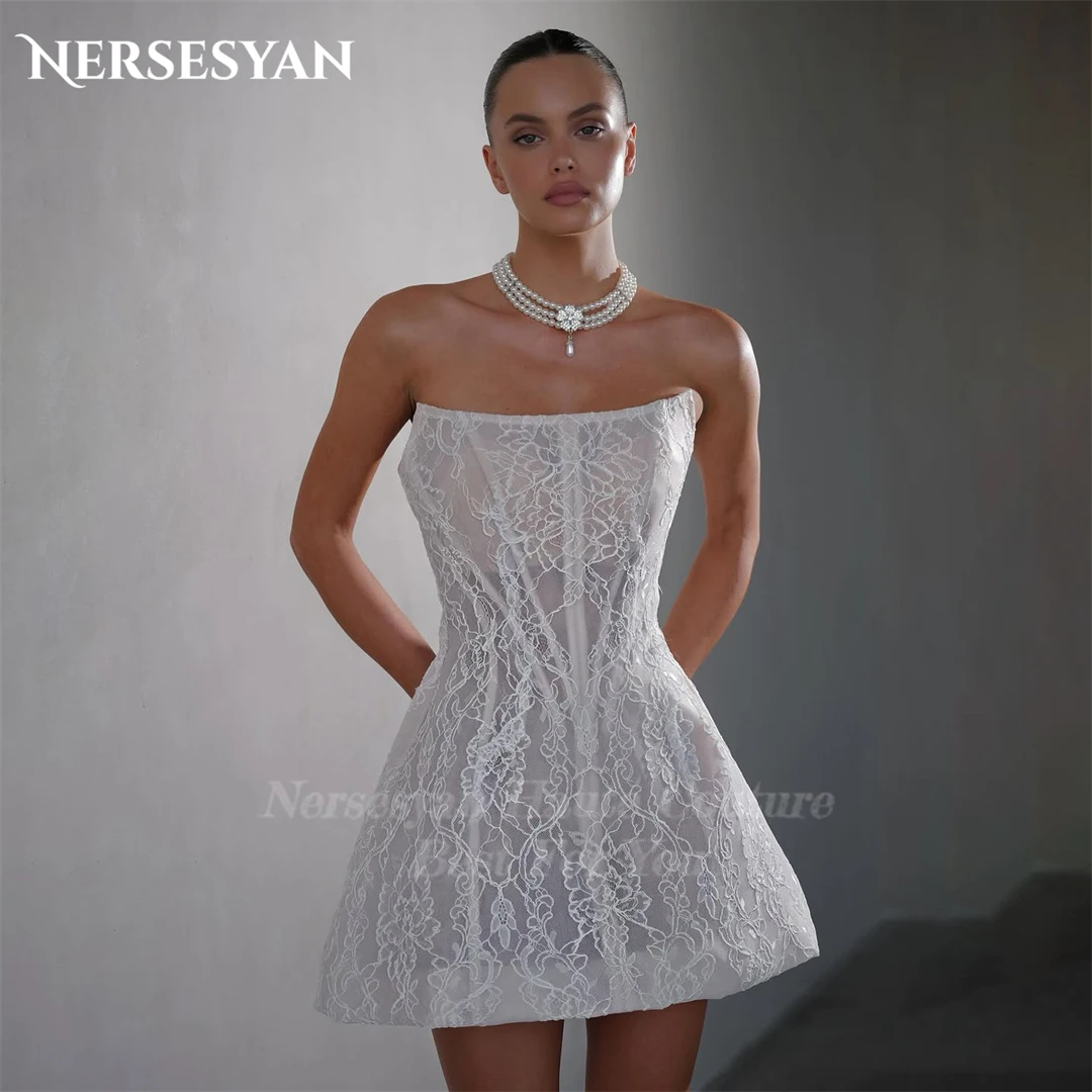 

Nersesyan Vintage Lace Wedding Dresses Off Shoulder Appliques Sleeves Mini Bride Dress Backless Bridal Party Gowns Customized