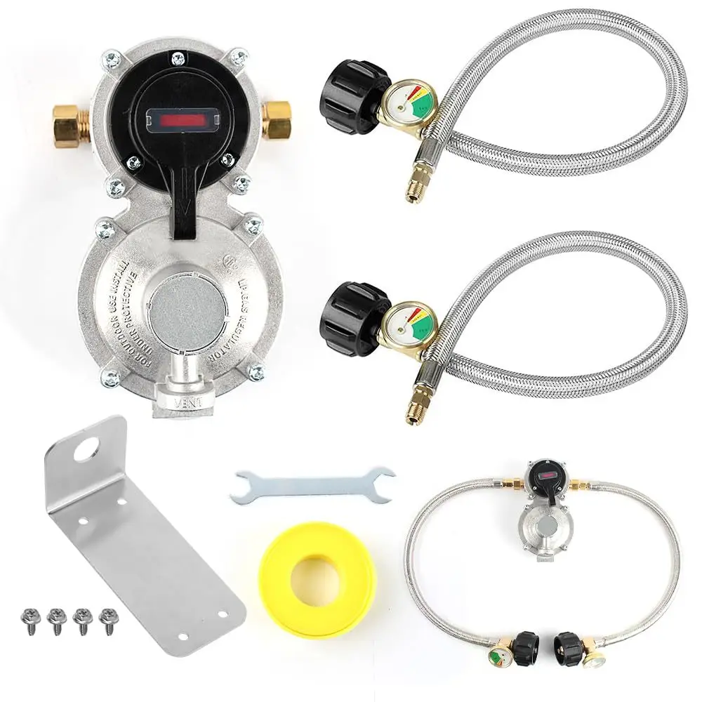 RV Propane Regulator With Hose, Heavy Duty 2-Tank Auto Changeover LP Propane Gas Regulator With Gauge Caravan Accessories