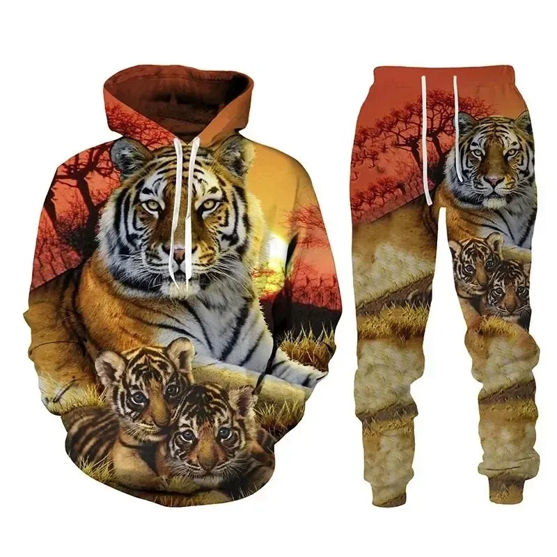 Setelan Hoodie pria, baju latihan motif hewan harimau 3D, baju Pullover lengan panjang, pakaian jalanan kasual ukuran besar musim gugur musim dingin kualitas tinggi