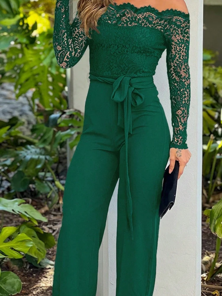 

Elegant Solid High Waist Rompers Fashion One-shoulder Lace Edge Slim Jumpsuits Casual Hollow Out Long Sleeve Women's Playsuits
