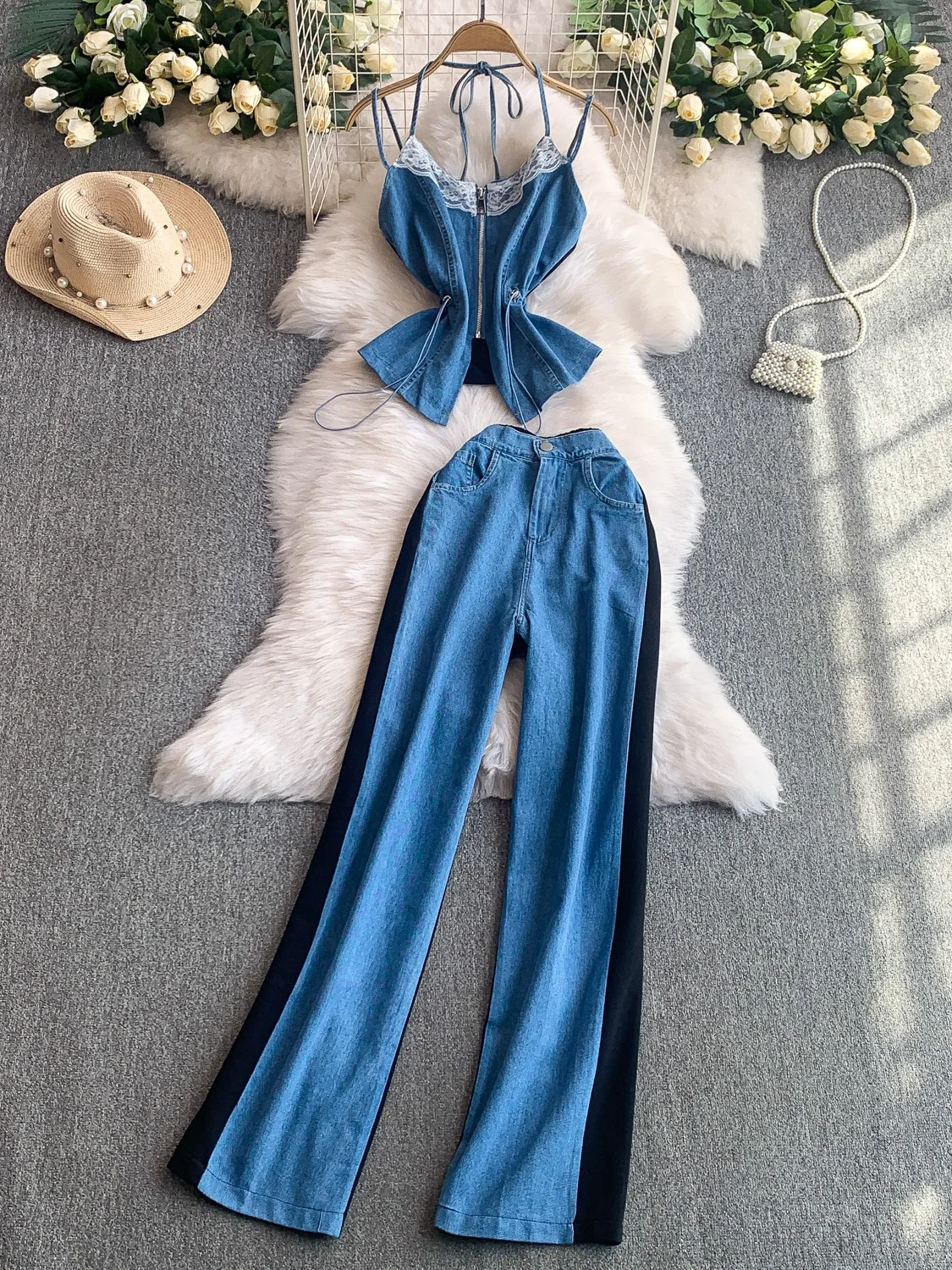 

Пряная девушка с кружевной отделкой и V-образным вырезом, топ с завязками на талии, комплект с высокой талией, лоскутные джинсовые широкие брюки, модные женские...