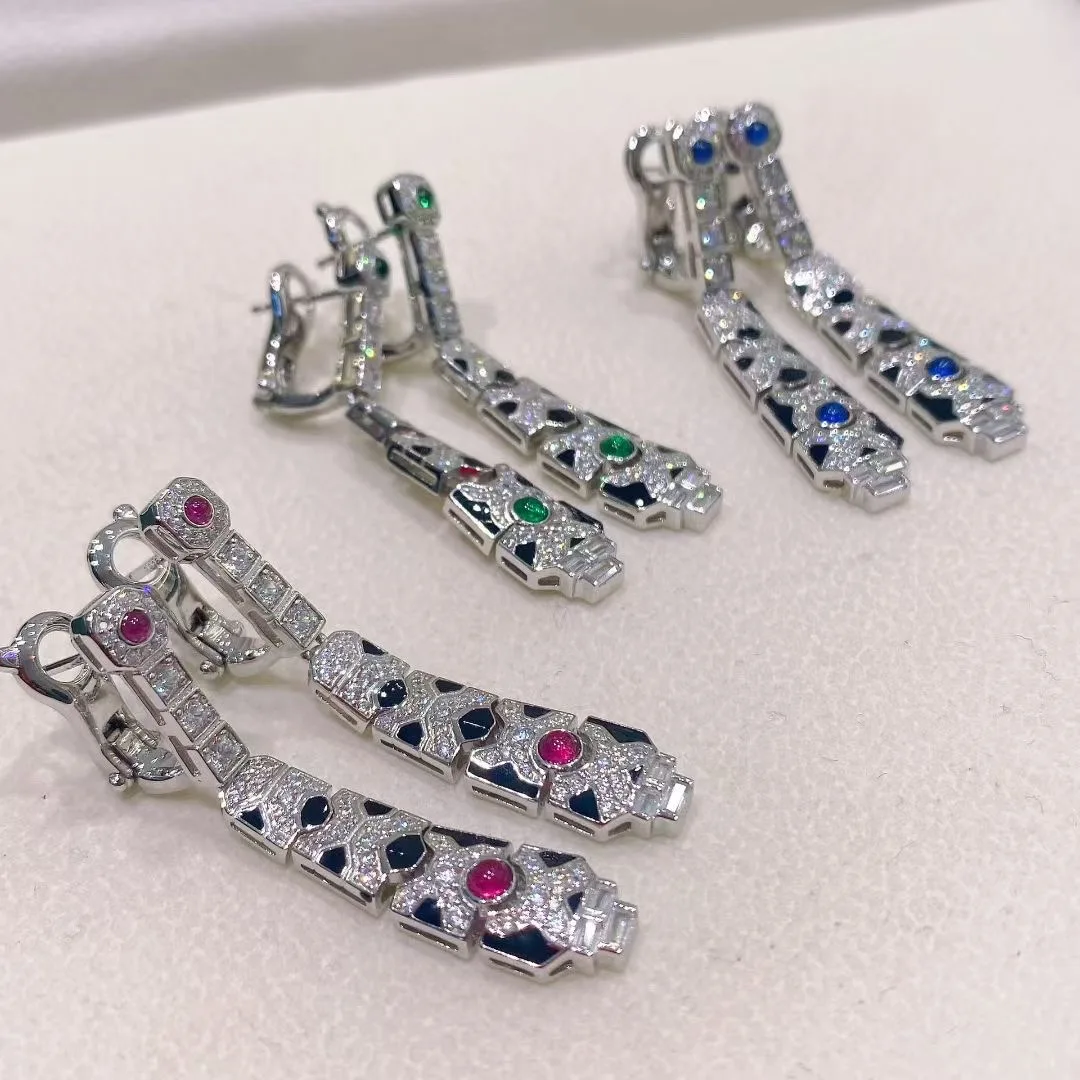 블랙 에나멜 합성 블루 터키석 레오파드 프린트 목걸이 귀걸이 반지 팬더 실버 925 주얼리 세트 여성용 파티용