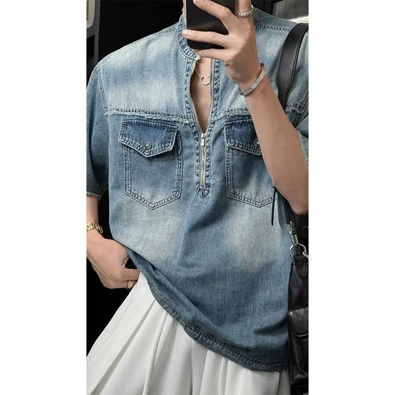 Summer New American Retro Short-sleeved Denim Shirt Men's Casual Stand-up Collar Fashion