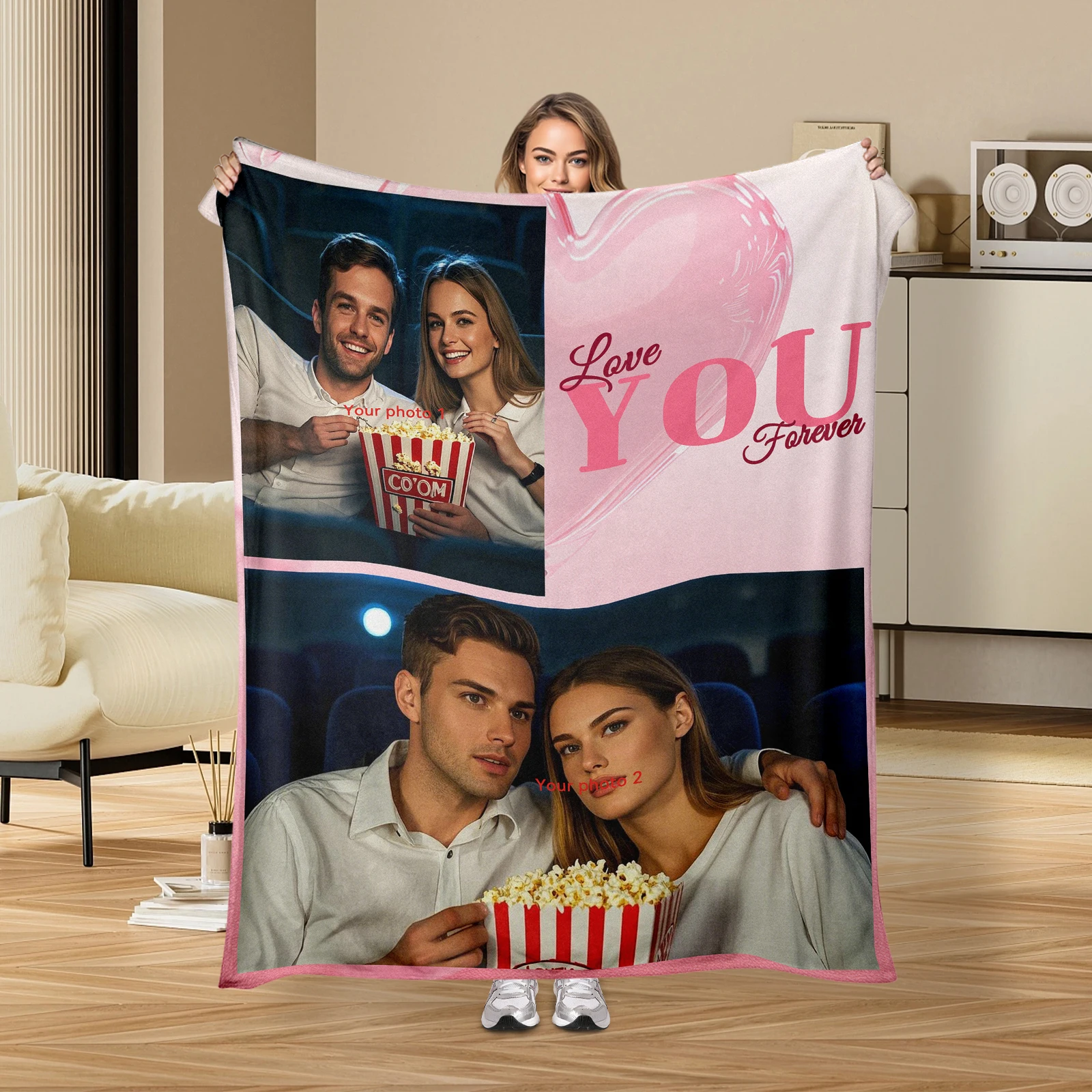 

Valentine'S Flannel Blanket With Two Custom Images Heart Icons And Romantic Texts For Couples To Treasure Moments