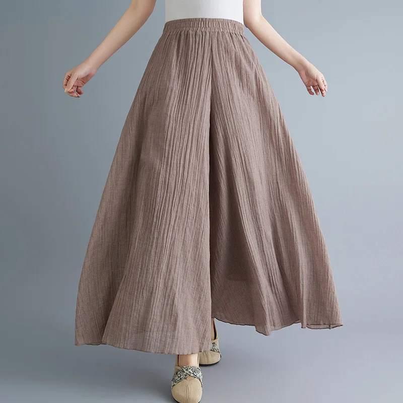 

2026 Summer New Style Mori Girl Artistic Large Size Cotton Linen Skirt-Pants With Elastic Waist, Solid Color Ethnic Style Flared