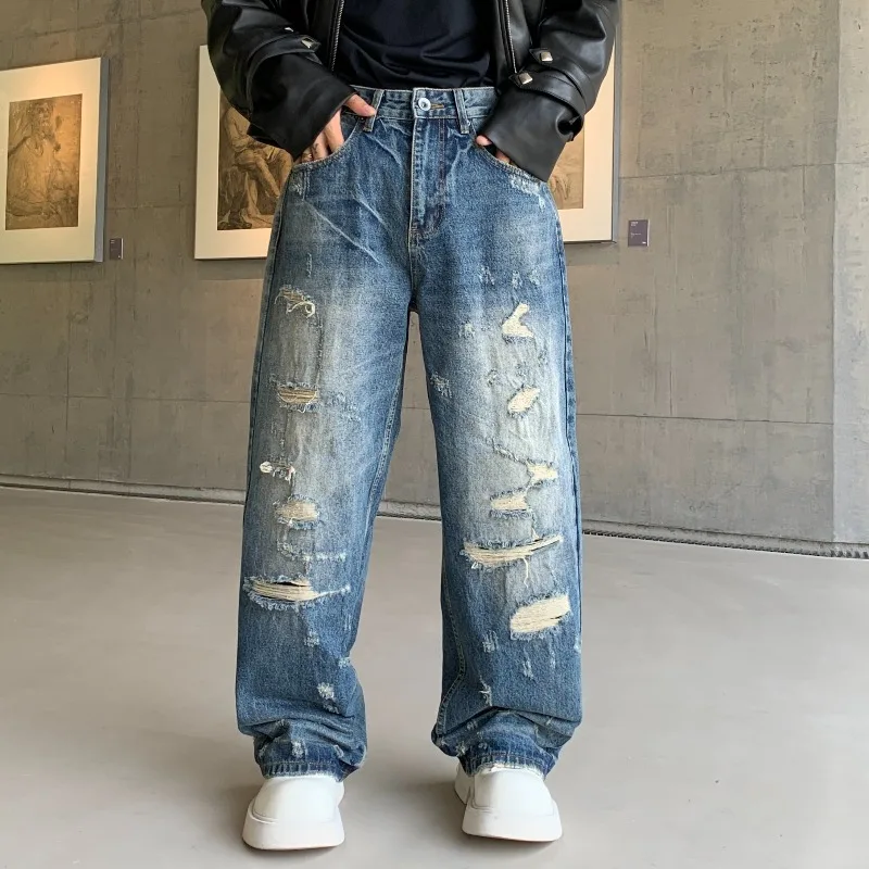 

Мужские потертые джинсы с несколькими отверстиями, крутые уличные штаны для мальчиков, повседневные брюки, модные широкие брюки, мужские спортивные штаны