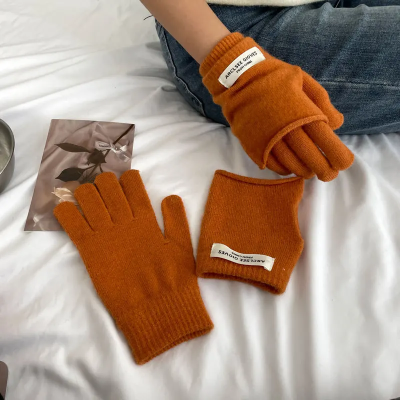 Korean Style Winter Women Warm Two Ways to Wear Knitted Solid Gloves Cycling Thicken Lining Full Fingered Mittens